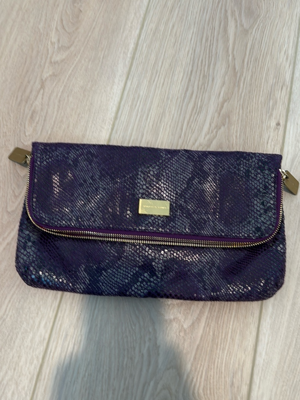 Snake-Embossed Foldover Clutch in Deep Purple with Gold Plate